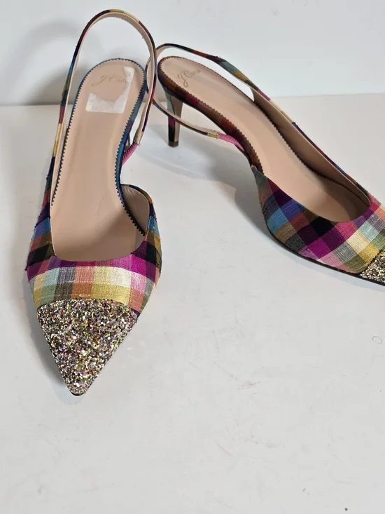 J. Crew Multicolor Plaid Slingback Heels with Glitter Pointed Toe - Picture 2 of 4